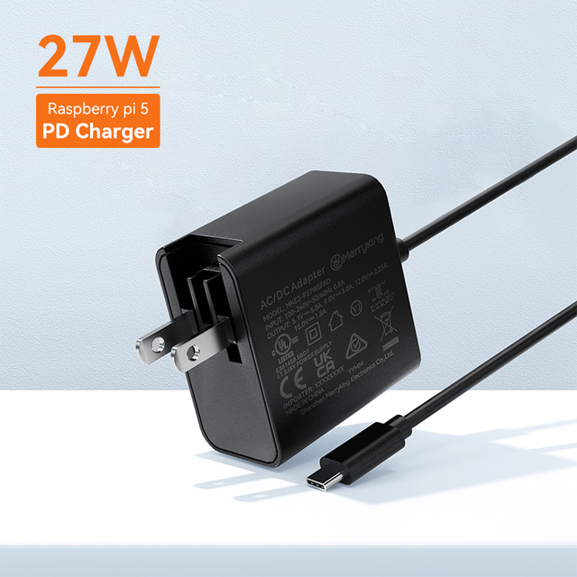 Merryking UL FCC Approval 27W Foldable Power Adapter 5.1V 5A 9V 3A 12V 2.25A 15V 1.8A 27W PD Fast Charger for Raspberry Pi 5