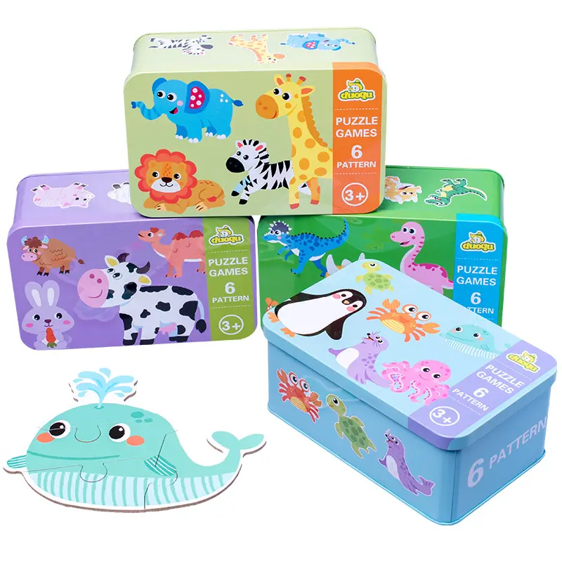 creative hot selling cartoon iron box educational toys car fruit animal wooden puzzle game For Children