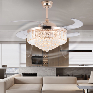 Ventilateur <span class=keywords><strong>de</strong></span> plafond rétractable invisible à LED <span class=keywords><strong>avec</strong></span> lumière et télécommande AIERTEC 42'' Cristaux Lustre 4 pales en ABS Tout en cuivre Moto - Product Image 1