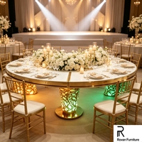 Table de banquet de mariage ronde de luxe avec éclairage LED, plateau blanc, base en acier inoxydable ajourée, pour événements, repas, hôtels et fêtes