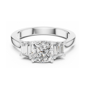 Anillo de Compromiso con Tres Piedras de Corte Cojín en Oro Amarillo, Piedras Laterales de Corte Esmeralda, Anillo de Promesa Elegante con Significados Pasado, Presente y Futuro - Product Image 3