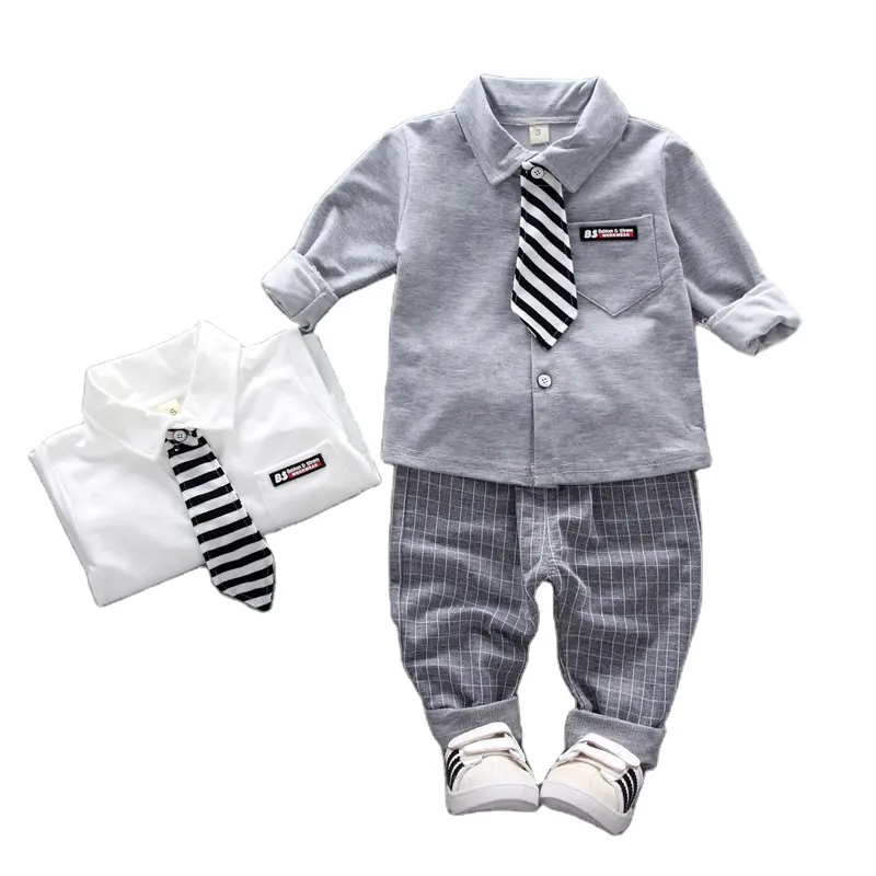 Wholesale Kids Baby Formal Clothing Sets Boys' Long Sleeve Stripe tie Shirt And Plaid trousers Suits