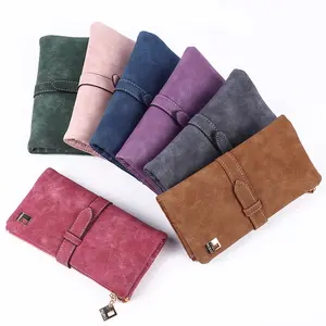 ヴィンテージスタイルのスエードマットPuレザーロングデザイン財布女性財布