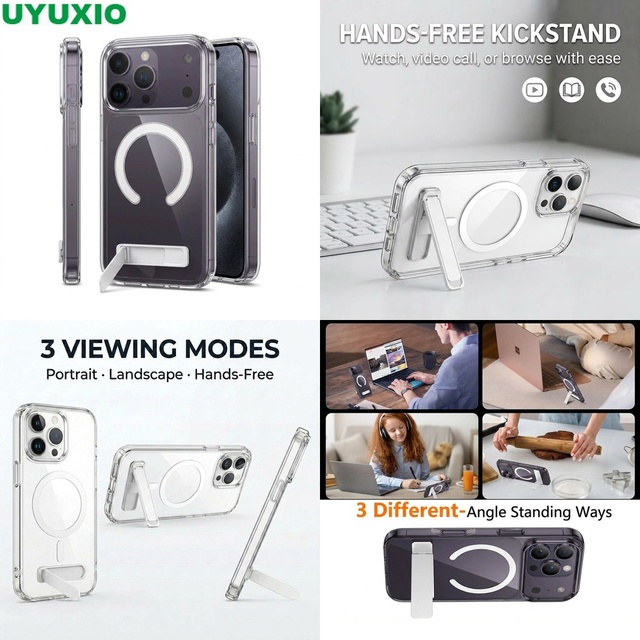 Clear Magnetic Kickstand Holder Case for iPhone 15 Pro Max 17 16 14 13 12 11 12 Mini 360 Degree Rotation & Scratch Resistant