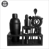 Ensemble de shaker à cocktail, kit d'outils de bar pour barman mixologie avec support élégant en bambou, kit de bar: cuillère à mélanger shaker Muddler Jigger