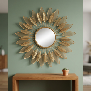 Round Brass <b>Wall</b> Mirror with Sunburst <b>Leaf</b> Design <b>Decorative</b> Framed Edge for Living Room Bedroom - Product Image 4