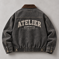 Blouson Bomber en Toile Lavée Style Vintage Personnalisé avec Col en Velours Côtelé, Veste de Travail en Toile pour Homme OEM ODM avec Logo Brodé
