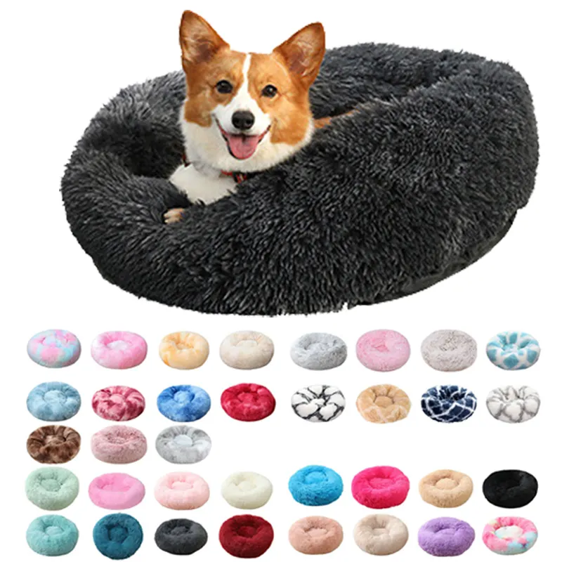 Facx Long Fur Warm Pet Calming Beds Dog Cushion Plush Pillow Cat Nest Fluffy Donut Round Bed