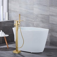 Grifo de Bañera de Lujo Moderno de Latón Dorado con Válvula Cerámica de Cascada, Monomando, de Pie, para Montaje en Suelo