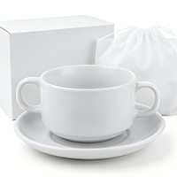 Tasse à soupe en céramique blanche avec soucoupe 280 ml, bol à soupe en porcelaine avec poignées pour servir la soupe, le dessert, restaurant, maison, cuisine