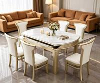 Ensemble de table à manger ovale extensible moderne de luxe en marbre, 6 chaises en cuir crème, structure dorée, meubles de maison durables en kit