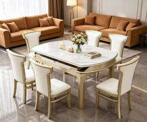Luxury <b>Extendable</b> Marble <b>Dining</b> <b>Table</b> Set, 6 Seater with Cream Leather Chairs & Gold Frame - Product Image 6