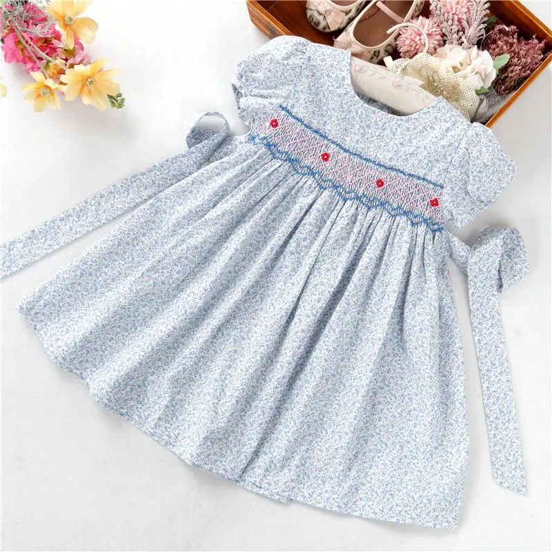 C1365 New Arrival Mùa Hè Dresses Flower Floral Trẻ Sơ Sinh Kids Smocking Quần Áo Trang Phục Thêu Tay Làm Bông Trẻ Em