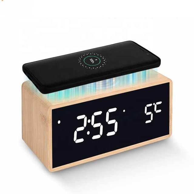 KC Certified 3-in-1 Wireless Charger with Bamboo Wooden LED Display Alarm Clock DC Port-New Item 5V/1A Output