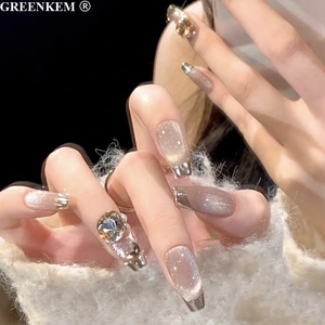 10 Uds. <span class=keywords><strong>Uñas</strong></span> de diseño francés con bordes plateados, efecto espejo de ojo de gato desnudo, forma de T hecha a mano con Kit de aplicación, puntas de presión - Product Image 3