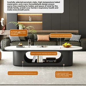 Tavolino <span class=keywords><strong>da</strong></span> Caffè Ovale in Pietra Sinterizzata Bianca, Base Aperta con Vano Portaoggetti, <span class=keywords><strong>Tavolo</strong></span> Moderno per Salotto - Product Image 3
