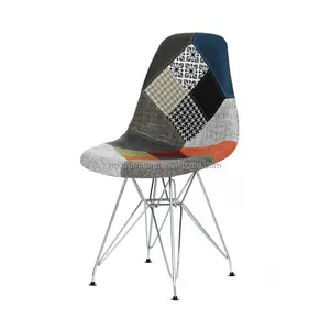 Dining chair decorated with metal and wooden legs and patchwork fabric seat for dinner room with cheap price