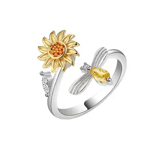 Landy-Anillo de Plata de Ley 925 con diamantes, sortija giratoria de descompresión con diseño de girasol y ansiedad