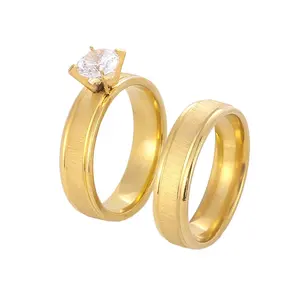 Hot Selling Stainless Steel Satin Finish PVD Gold Plated 4 Prongs Ring Round Cut CZ Wedding Rings