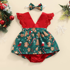 Ropa de bebé de vacaciones rojo verde impreso Navidad mameluco vestido niños pequeños trajes elegantes niñas pequeñas copo de nieve tejido - Product Image 4