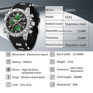 Montre en silicone pour homme SANDA 6162, multifonction, chronographe lumineux, sport, décontractée, étanche, quartz, numérique - Product Image 2
