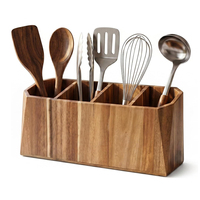 Organisateur de comptoir en bois d'acacia extra large à 4 compartiments pour ustensiles de cuisine et outils culinaires de chef