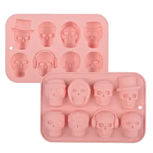 Cetakan silikon tengkorak 3D, cetakan kue bertema Skull 8 rongga Skull DIY untuk kue coklat, permen, sabun Mousse