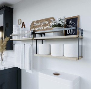 Rustic Decorative 2+1 Tier Metal Frame Extra <strong>Storage</strong> Rack Wall Mounted Wood <strong>Floating</strong> <strong>Shelves</strong> - Product Image 4