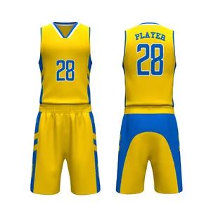 Custom Design Team Mesh Borduurwerk Sublimatie Jongens Geel Basketbal Uniform Ontwerp 2024