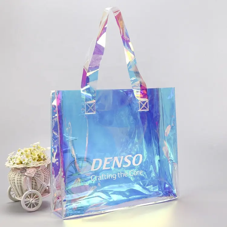 Werbung Damen bunte holografische Handtaschen Logo individuelle PVC Strand-Tote-Taschen wasserdicht