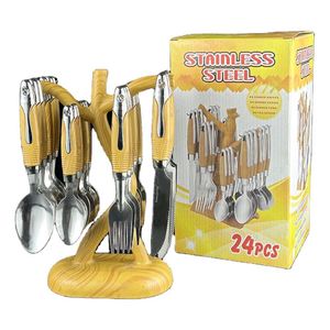 Ensemble de couverts de mariage en acier inoxydable avec manche en bois, couteau, fourchette, cuillère, 24 pièces, vaisselle de table pour la maison avec support - Product Image 1