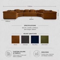 Braunes Samt-U-förmiges Modulsofa 5-teiliges Set, Modernes Ecksofa für Wohnzimmer, Zeitgenössisches Samtsofa für Zuhause und Villa
