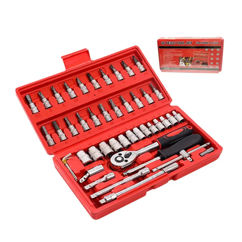 HUAJU INDUSTRIAL Auto Reparación de motocicletas 46 PCS 1/4-Inch Drive Socket Ratchet Wrench Set CRV Destornillador Bit Herramienta de combinación