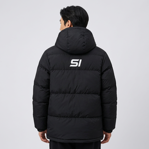 Chaqueta de Invierno Acolchada para Hombre con Capucha, Diseño Geométrico en Blanco y Negro, Resistente al Viento, Cuello Alto, Cierre de Cremallera, Estilo Deportivo - Product Image 6