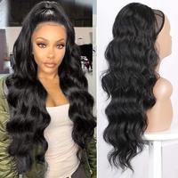 Queue de cheval longue ondulée en fibre haute température avec cordon de serrage et clip pour femme, noir naturel, vente en gros