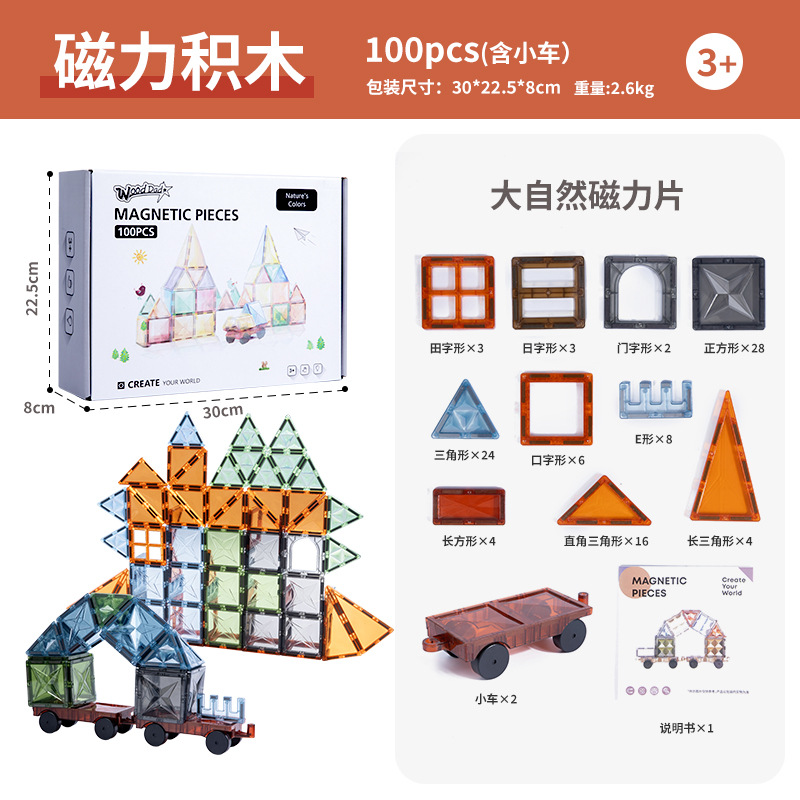 100 piezas de bloques magnéticos de naturaleza con coches de juguete