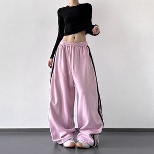 <strong>Women's</strong> Pink Sports Pants 2026 Autumn New High Waist Vintage Striped Loose Student Wide Leg Casual Pants Drawstring <strong>Trousers</strong> - Product Image 2