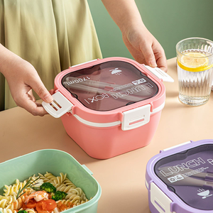 Set Perlengkapan Makan Bento 2 Lapis Anti Bocor, Aman untuk Microwave, Kotak Makan Siang Plastik PP untuk Berkemah dan Sekolah - Product Image 4