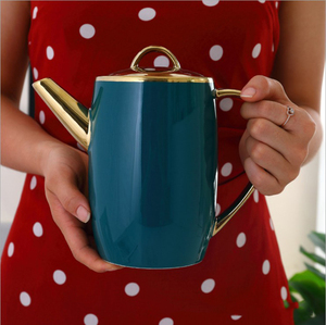 Nuovo arrivo set da tè in ceramica oro verde 8 pezzi con vassoio sei tazze in <span class=keywords><strong>porcellana</strong></span> piattino teiera per regali per caffè - Product Image 5