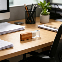 32GB USB Memorias Promotional Gifts Crystal Blue LED Light Transparent Glass Clear Wood Pendrive Thumb USB Flash Drives