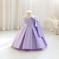 Gaun Bayi Perempuan Formal Satin Asimetris dengan Pita Besar dan Lipit, Gaun Pesta Pernikahan untuk Balita, Gaun Ulang Tahun, Grosir