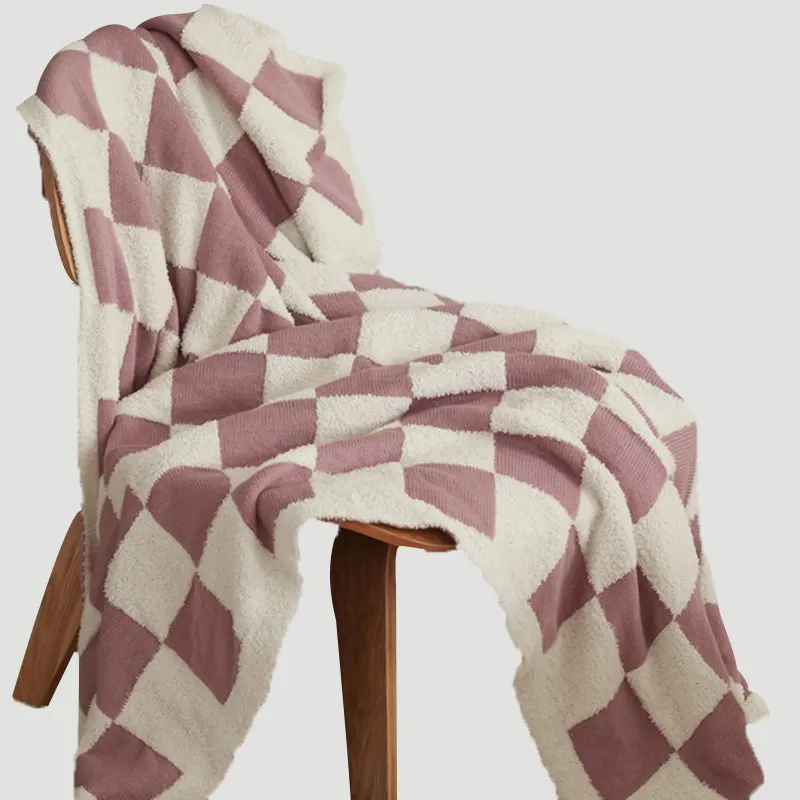 Nordic Checker Board Knitted Boho Throw Blanket Microfiber Geometric Knit Checkered Blanket
