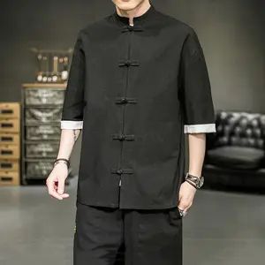 2024 neuer chinesischer Stil Herren Oberteile Tanganzug Leinen Halbärmel solide traditionelle Kung-Fu chinesischer Stil Hanfu-Hemd Übergröße M-5XL