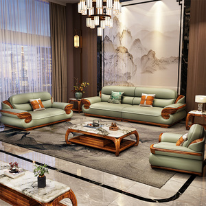 Современный кожаный диванный гарнитур в новом китайском стиле из массива дерева для гостиной виллы, класса люкс, из массива дерева - Product Image 2