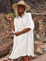 Vestido Camisero de Algodón Viscosa con Cuello Polo, Color Sólido, Holgado y Moderno para Mujer, Novedad de Temporada, Ideal para Vacaciones de Primavera