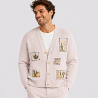 Cardigan en tricot 100 % coton pour homme FNJIA, col en V, broderie florale cactus, manches longues, coupe ample