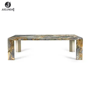 Furniture Designer Italian Style Natural Rectangular Marble Dining Table Top Stainless Steel Titanium Brushed Frame Dining Table