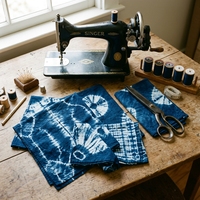 Tissu en microfibre artisanal indigo tie-dye, motif floral mandala batik traditionnel, textile croisé haut de gamme pour vêtements décontractés