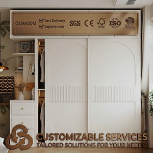 <span class=keywords><strong>Armoire</strong></span> coulissante moderne blanc crème en panneaux OSB pour chambre à coucher avec rangement supérieur et étagères latérales ouvertes, tailles personnalisables - Product Image 1