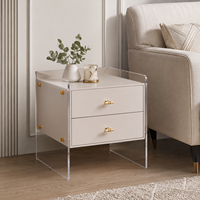 Table de chevet moderne en acrylique avec cadre en acier inoxydable et détails en acrylique, finition ivoire blanc, panneau E1, fournisseur de mobilier hôtelier